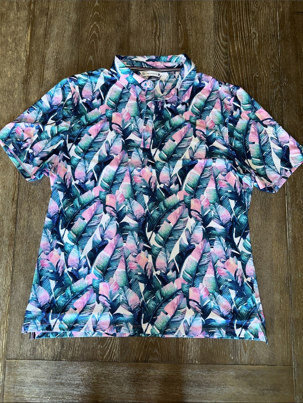 7 Diamonds Tropical Leaf Print Polo Shirt Men’s XL Pink Blue Hawaiian